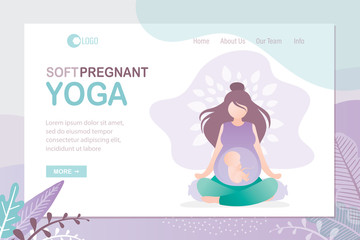 Beauty pregnant woman sitting in lotus yoga pose. Soft prenatal yoga landing page template.
