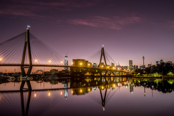 bridge and cityscape at dawn