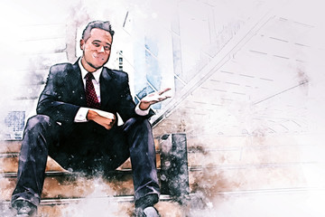 Abstract happiness business man looking smart on watercolor illustration painting background.