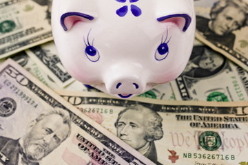 Business, investment, saving and corruption concept - close up of dollar cash money and piggy bank on table