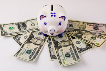 American dollars banknotes money near piggy bank on white background.