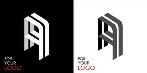 Isometric letter A. From stripes, lines. Template for creating logos, emblems, monograms. Black and white options. 3D art symbol. Vector