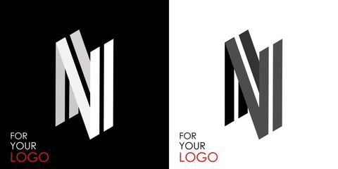 Isometric letter N. From stripes, lines. Template for creating logos, emblems, monograms. Black and white options. 3D art symbol. Vector