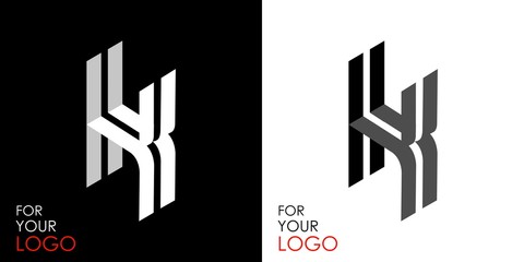 Isometric letter K. From stripes, lines. Template for creating logos, emblems, monograms. Black and white options. 3D art symbol. Vector