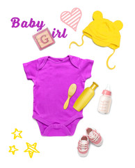 Composition with baby clothes and accessories on white background