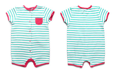 Front and back view of baby bodysuit on white background