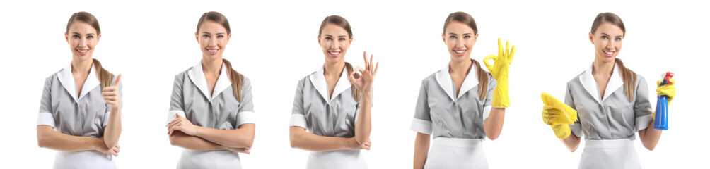 Set of beautiful chambermaid on white background