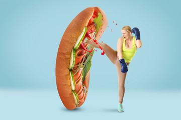 Woman with excess weight kicking hot dog on color background
