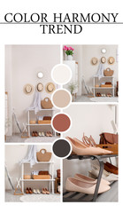 Collage of photos with modern interior of hall. Different color patterns