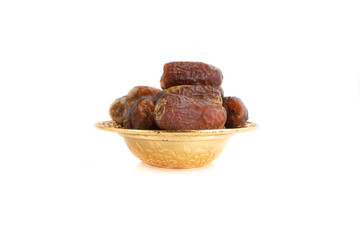 Date fruits or dry dates isolated on white background.Ramadan Kareem Breaking the fast by eating Tamar Dates