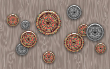 Fototapety  3d illustration, brown background, round colored and monochrome ornamental tiles