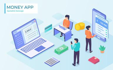 mans and woman doing the tasks given the money app by using laptops for business investment with modern flat isometric cartoon illustration