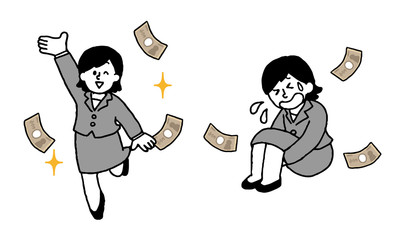 お金を稼ぐ、金欠スーツ女性（シンプル）