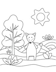 Cute coloring book with funny fox, sun, grass, trees. For the youngest children. Black sketch, simple shapes, silhouettes, contours, lines. Children's fairy tale vector illustration.