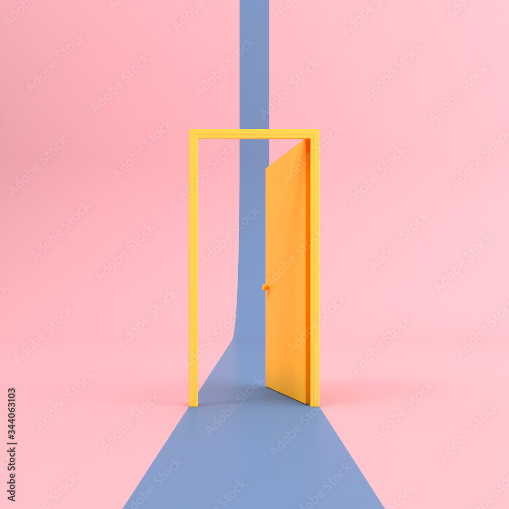 Fototapete Abstract mock-up scene of yellow open door with blue path on pink background, Minimal style. 3D rendering