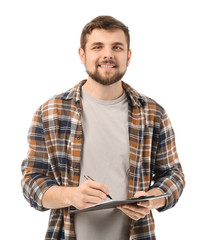Male truck driver with documents on white background