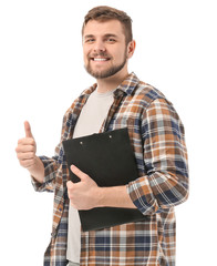 Male truck driver with documents showing thumb-up on white background