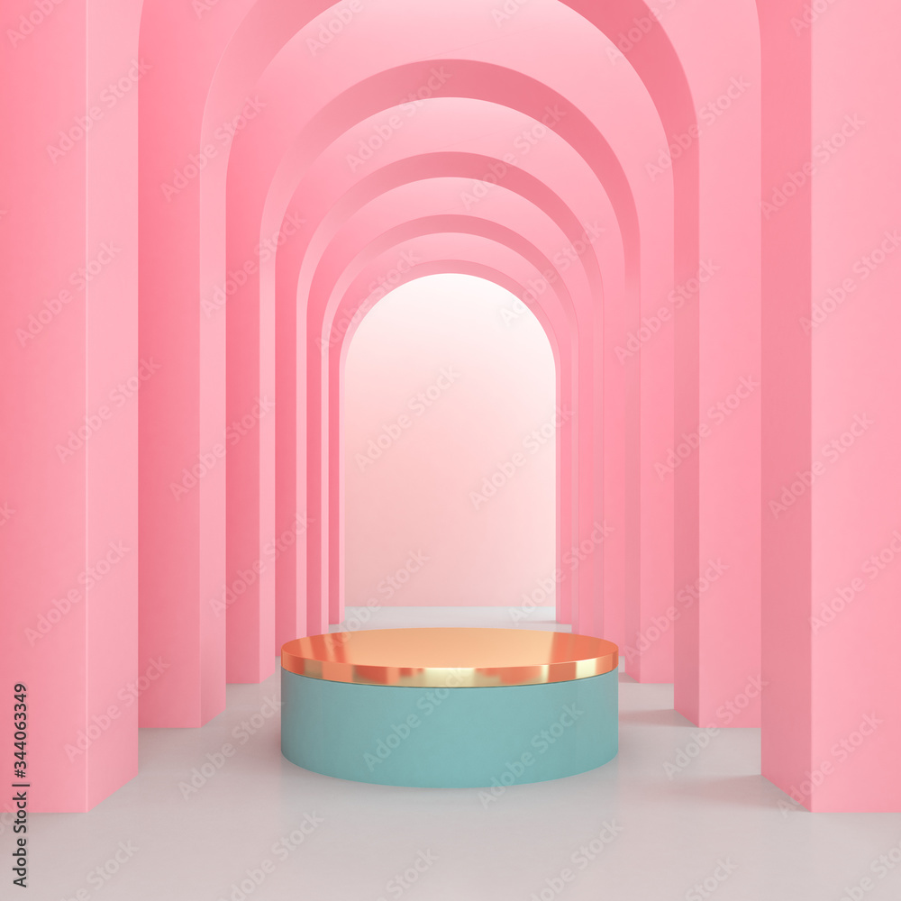 Poster Minimal style of arch space with  gold presentation podium, Architectural details with shadow on archway. 3D rendering. 