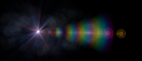 Abstract light flare rainbow special effect over black background. Sun with flare natural sunshine wallpaper.