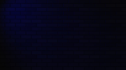 Black brick wall with blue neon light with copy space. Lighting effect blue color glow on brick wall background. Royalty high-quality free stock photo image of blank, empty background for texture