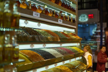 Spice store shelves on Istanbul bazaar, Turkey