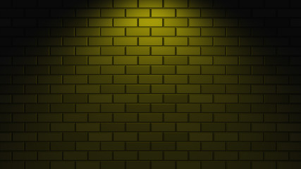Empty brick wall with yellow neon light with copy space. Lighting effect yellow color glow on brick wall background. Royalty high-quality free stock photo image of blank, empty background for texture