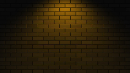 Empty brick wall with orange neon light with copy space. Lighting effect orange color glow on brick wall background. Royalty high-quality free stock photo image of blank, empty background for texture
