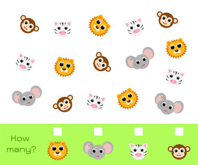 Obraz premium Counting Game for children with pictures. Educational game for preschool years kids and toddlers. Development activity for preschool children with counting objects. Flat vector stock illustration.