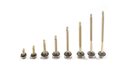 tapping screws made od steel, metal screw, iron screw, chrome screw, screws as a background, wood screw, white background