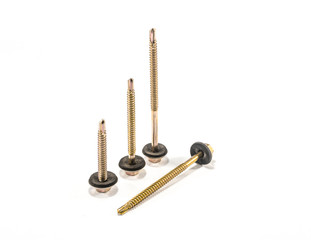 tapping screws made od steel, metal screw, iron screw, chrome screw, screws as a background, wood screw, white background