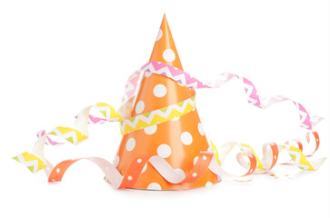Party hat and decor on white background