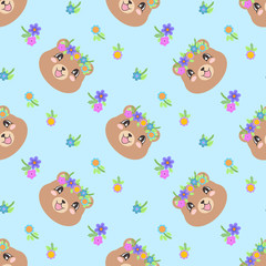 Fototapeta premium Seamless pattern with a cute bear with wreaths of flowers in cartoon style. Vector illustration