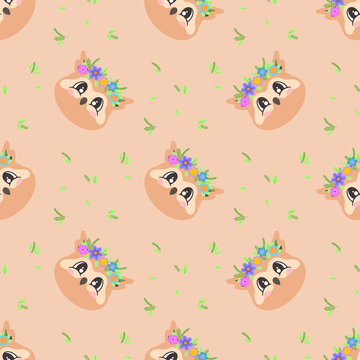 Seamless pattern with a cute owl with wreaths of flowers in cartoon style. Vector illustration