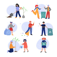 Fototapeta na wymiar Volunteers Saving and Protecting the Environment from Pollution Set, Teen Boy and Girls Planting Trees and Collecting Plastic Waste for Recycling Vector Illustration