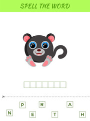 Spelling word scramble game template. Educational activity for preschool years kids and toddlers with cute panther. Flat vector stock illustration.