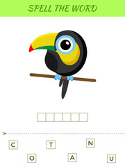 Spelling word scramble game template. Educational activity for preschool years kids and toddlers with cute toucan. Flat vector stock illustration.