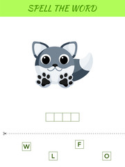 Spelling word scramble game template. Educational activity for preschool years kids and toddlers with cute wolf. Flat vector stock illustration.