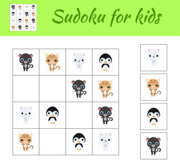 Sudoku game for children with pictures. Kids activity sheet. Educational game for preschool years kids and toddlers. Set of cute cartoon animals. Flat vector stock illustration.