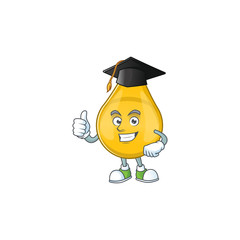 Mascot design concept of gold hair serum proudly wearing a black Graduation hat