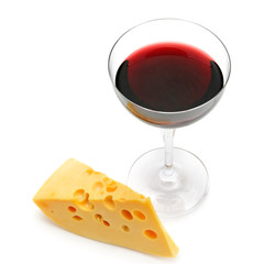 Glass with red wine and a slice of cheese Isolated on a white .