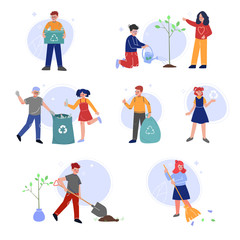 Volunteers Saving and Protecting the Environment from Pollution Set, Boy and Girls Planting Trees and Collecting Plastic Waste for Recycling Vector Illustration