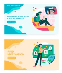 Learn foreign language with native by video call. Study geography online. School, teacher, landmarks, travel. Concept illustration. Vector web site design template. Landing page website illustration.