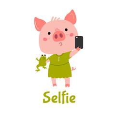Vector Pink Piggy girl with a green frog makes selfie. Cartoon illustration 