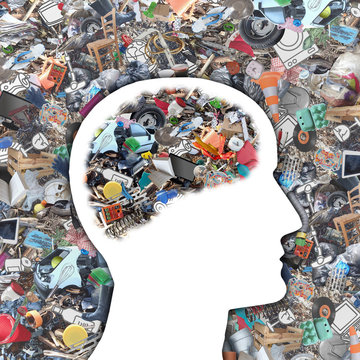 Collage of pollution and garbage objects, around and inside human's brain