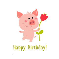 Cute Pink Piggy. Cartoon illustration for card, prints, calendar, sticker, invitation, baby shower, children clothes, posters. © a_compot