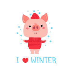 Vector Pink Piggy in winter clothes. Cartoon illustration 