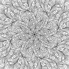Curved lines, curls mandala coloring. Abstract pattern. Circles and lines, shapes. Beautiful relaxation black and white ornament. Large size, meditative drawing. Coloring book page.