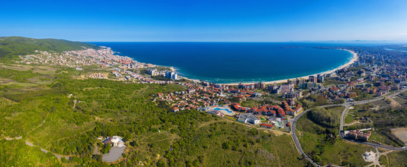 Aerial view of drone to sea resort Sunny Beach on the Bulgarian Black Sea coast
