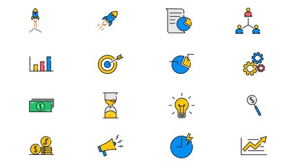 Fototapeta premium Startup line icons on white background. Launch Project, Business report and Target. vector illustration 