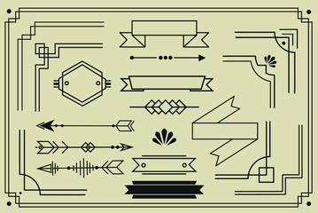 Art deco borders graphic design geometric elements collection for your creative projects. trendy vintage minimalistic frame design, vector lines and banners